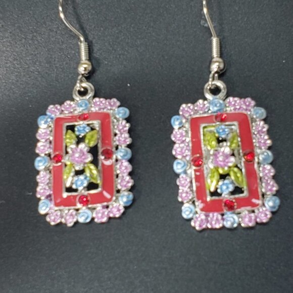 Red Crystal Floral Drop Earrings – Silver-Tone Colorful Statement Jewelry - Picture 6 of 7